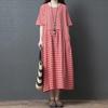Abito estivo nuovo, letterario, ampio, con patchwork in cotone e lino, a quadri, girocollo, manica corta, da donna, di media e lunga lunghezza
