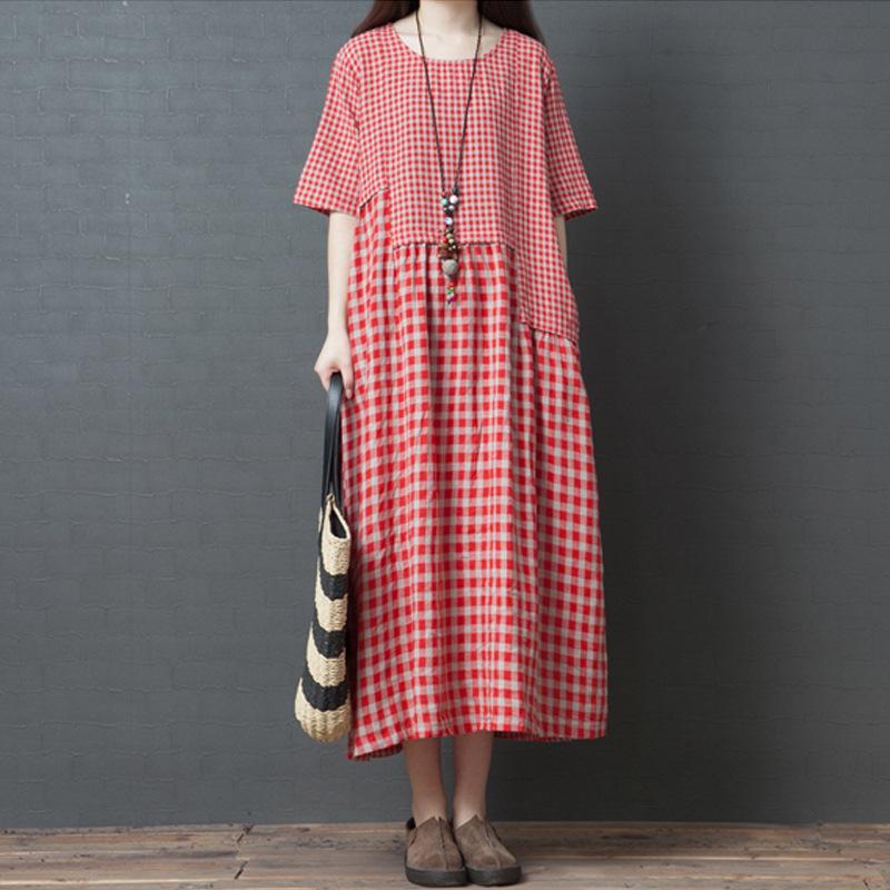 Abito estivo nuovo, letterario, ampio, con patchwork in cotone e lino, a quadri, girocollo, manica corta, da donna, di media e lunga lunghezza
