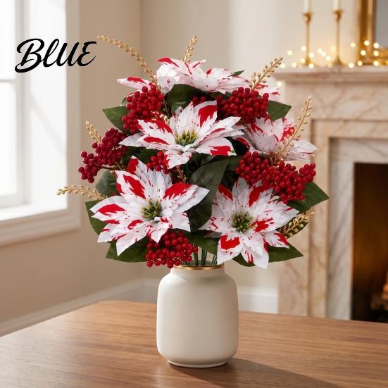 Red Petal Holiday Floral Decor Christmas Artificial Flowers, Faux Poinsettia Stems with Berries & Maintenance Free Seasonal Plants Pine Branches,