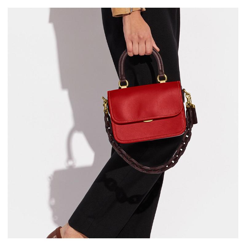 Coach Rogue 22 Flap Chain Leather Accordion Bag Small Square Bag Crossbody Bag Handbag Small Women's Red/Brown