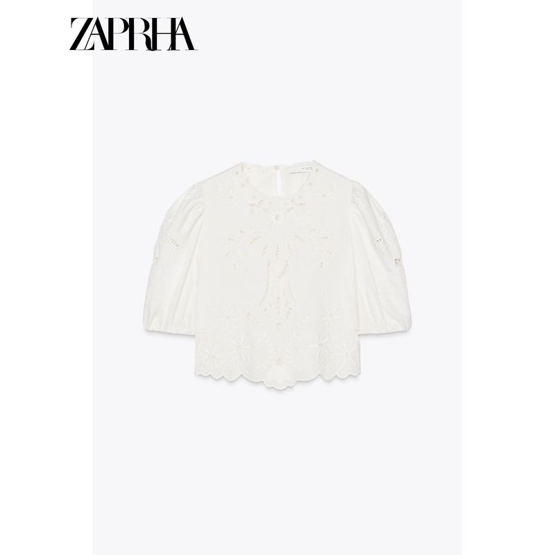 Zaprha 2025 New Arrival French Smock Top Women's Embroider Lace Romantic Round Neck Shirt 6895060
