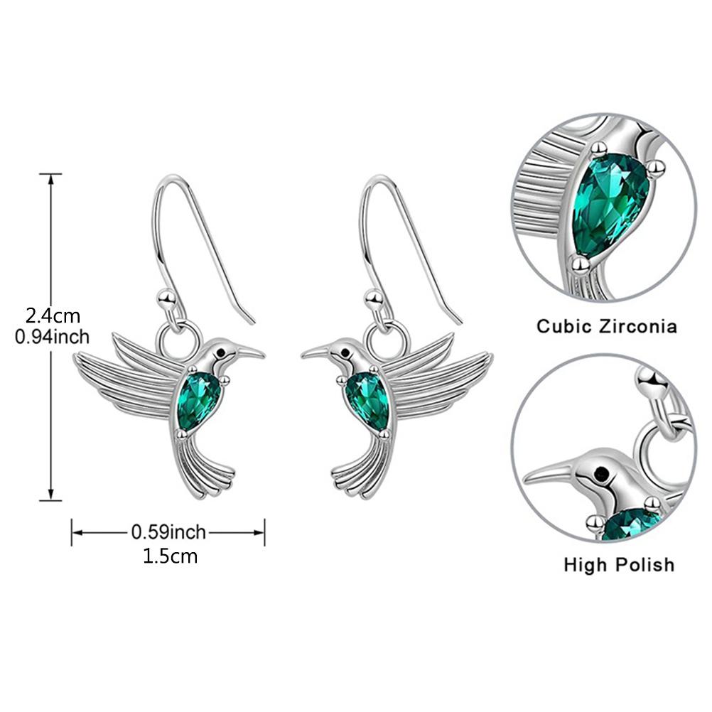 Fashion Flying Hummingbird Earrings with Green Crystal Silver Earrings Zircon Bird Earrings Jewelry Gift for Girls Women