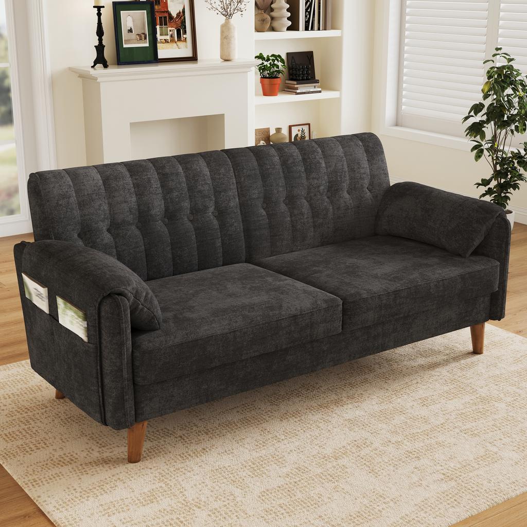 Modern 2-Seater Sofa In Chenille with Thick Seat Cushion, Tufted Backrest, 2 Armrest Cushions, Side Pockets; Solid Wood Legs, Easy To Assemble, Grey