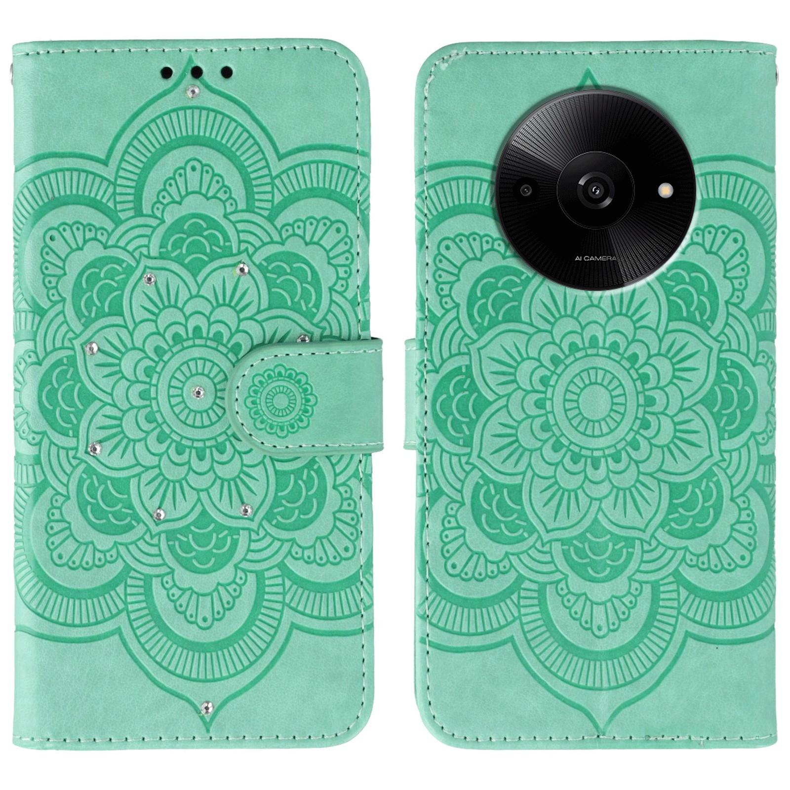

Phone Case For Xiaomi Redmi A3 4G/A3x 4G/Poco C61 4G,Rhinestone Decor PU Leather Mandala Imprinted Design Cover with Wrist Strap Green