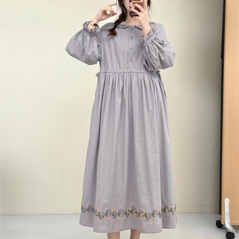 Johnature Embroidered Adjustable Waist Dress Long Sleeve Artistic Vintage Loose A-Line Long Dress For Women