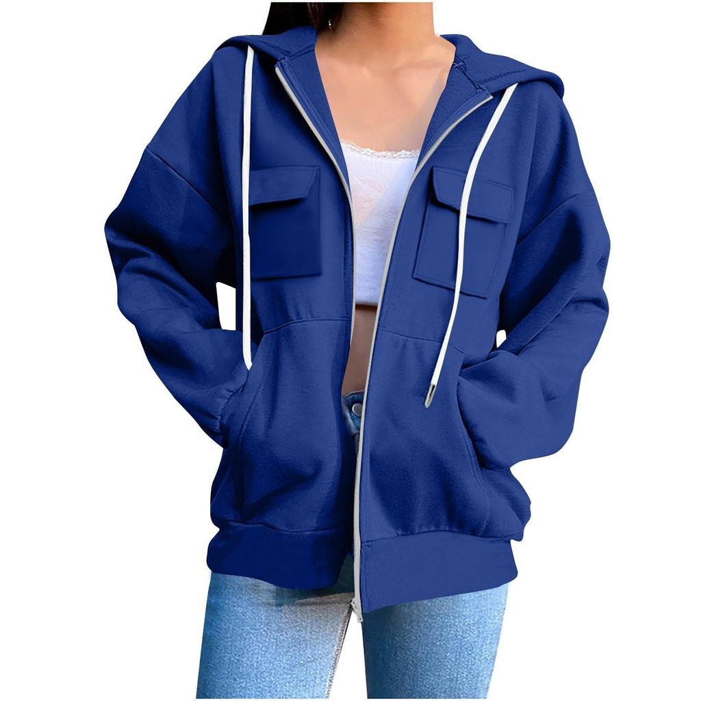 Women's Plain Zip-Up Hoodie - Oversized Long Sleeve Hooded Sweatshirt for Street Casual Wear