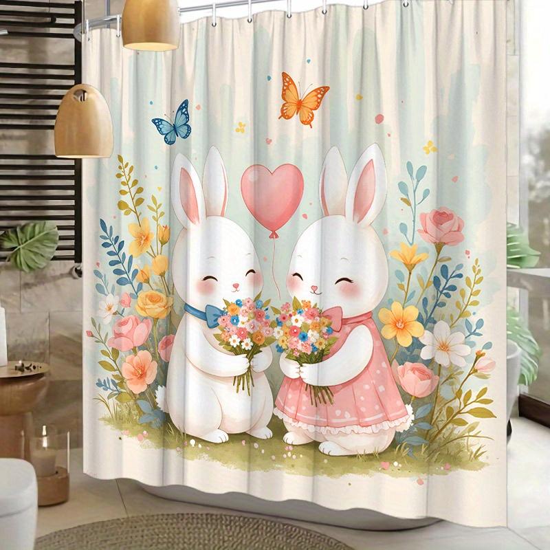 1pc Playful Rabbits Shower Curtain - Floral Bouquets, Polyester, 70.8x70.8", 12 Hooks, Washable, Modern Bath Decor