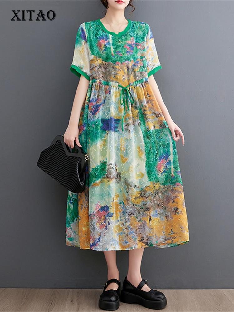 

XITAO платье с принтом модный женский пуловер летнее платье богини с веером на шнуровке WLD13735