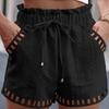 Women's Cotton Linen Shorts with Pocket Solid Color Thin Hollow Out Design Tight Waist Beachwear Pants White