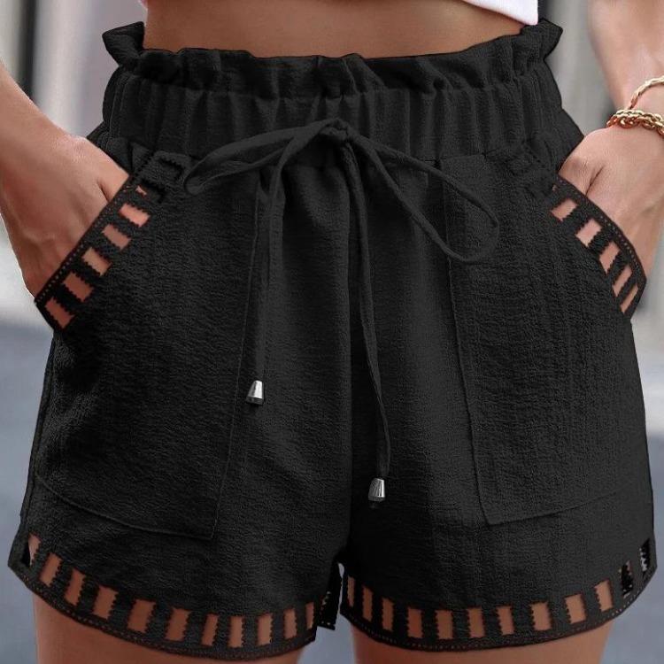 Women's Cotton Linen Shorts with Pocket Solid Color Thin Hollow Out Design Tight Waist Beachwear Pants White