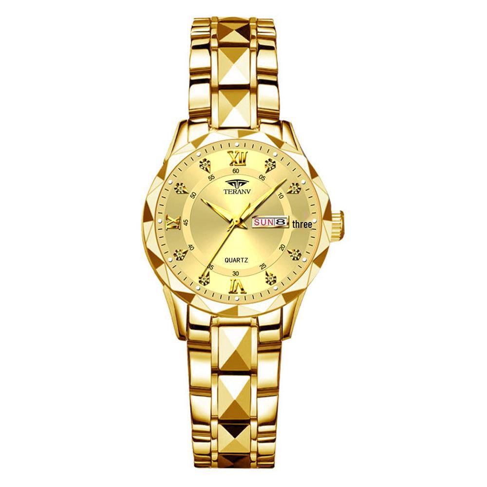 Women's Luminous Diamond Pattern Waterproof Quartz Watch with Double Calendar and Solid Band.