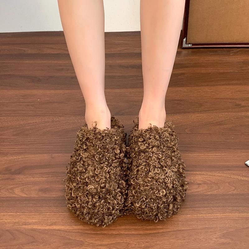 Women's Shoes Simple Casual Versatile Bag Head Half Slippers Women's Autumn and Winter New Outer Wear Lazy Thick-soled Fluffy Shoes