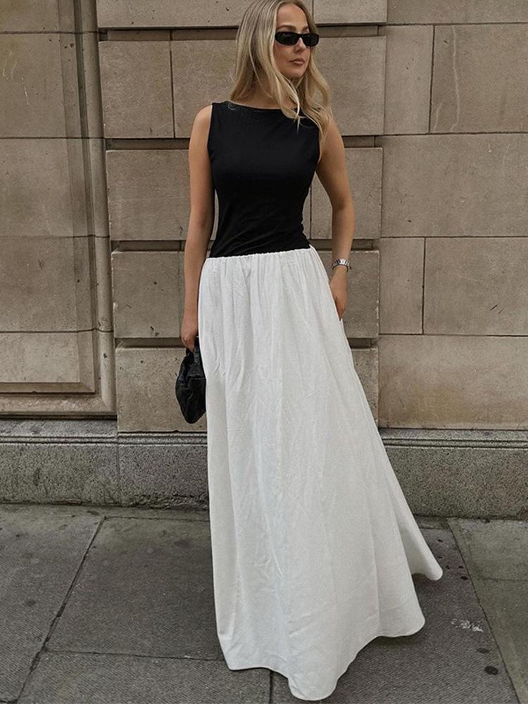 2025 European & American Style Sleeveless Color Block Slimming Long Dress for Women - Elegant Summer Fashion Small