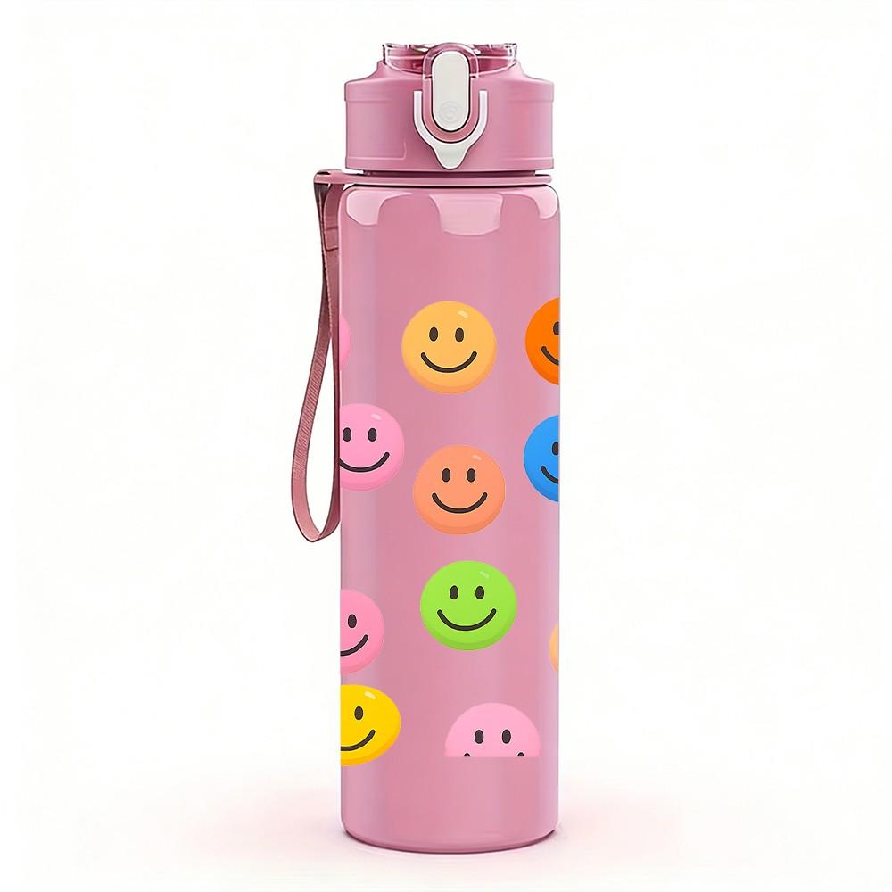 1PC Multicolor Smiley Face Set 750ml Color Plastic Sports Water Bottle Leakproof Flip Straw Lid Suitable for Sports Office Home Use
