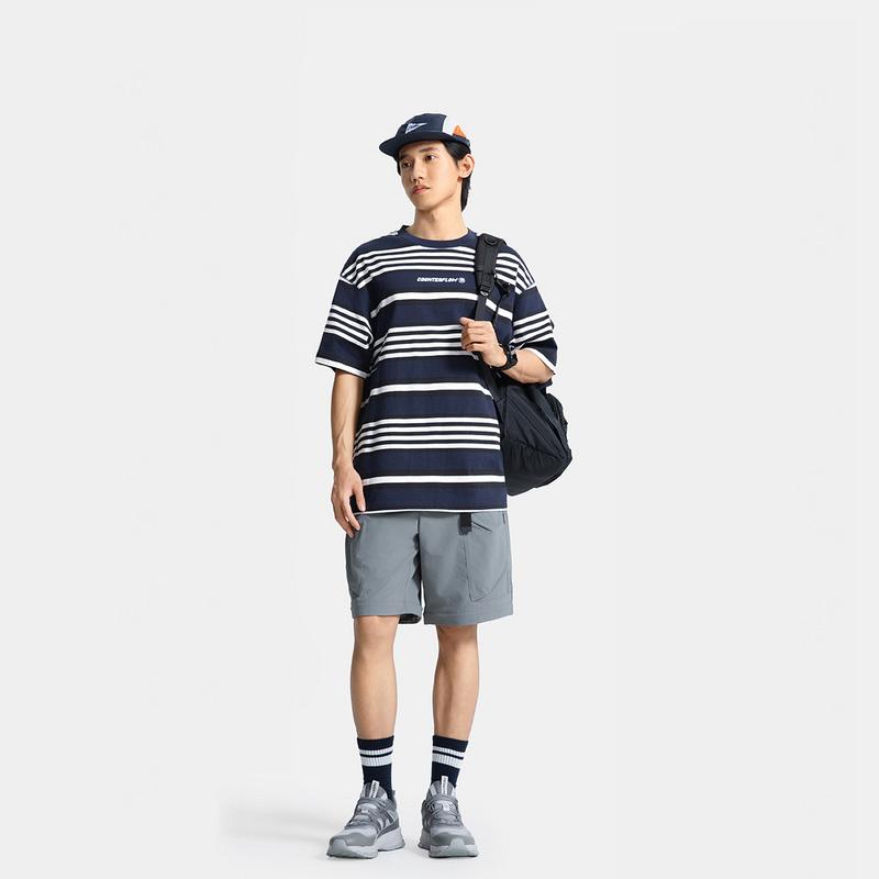 Li Ning CF Striped Comfortable Temperature Control Antibacterial Short Sleeve T-Shirt Men Tops Deep-Iris-Blue ATSV181-2