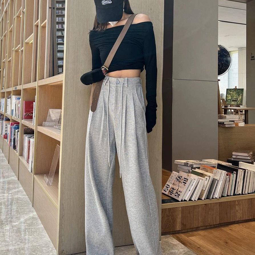 Women's High-Waist Gray Sweatpants - Summer Wide-Leg Floor-Length, Casual Loose American Style with Drawstring.