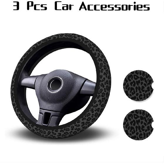 Car Steering Wheel Cover With 2 Pcs Ceramic Absorbent Cupholder Coasters, Black Leopard Cheetah Print Car Accessories Decorations For Women, Fit 15