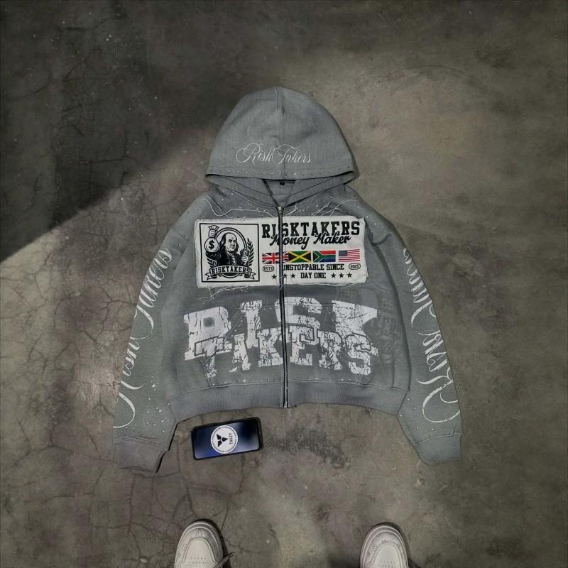2026 Vintage Hoodie Men Women Retro Rock Style Zip Up Sweatshirt Loose Fit Teenagers