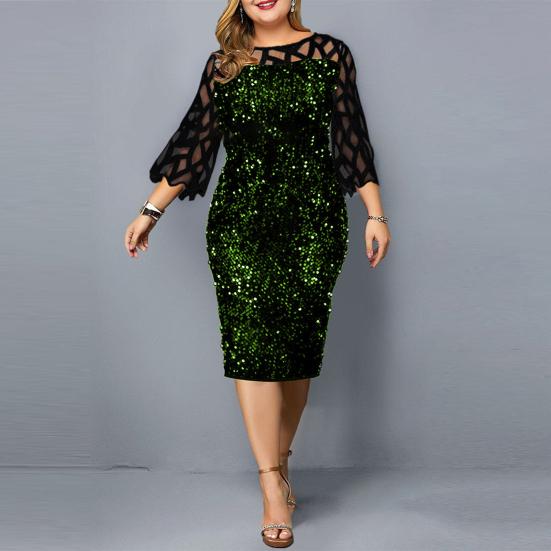 O-Neck 45720 Sleeve Waist Tight Hip Wrap Bodycon Dress Sequins See-Through Mesh