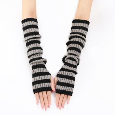 Women Striped Elbow Gloves Winter Knitted Arm Warmers Goth Punk Fingerless Gloves Stretchy Mittens