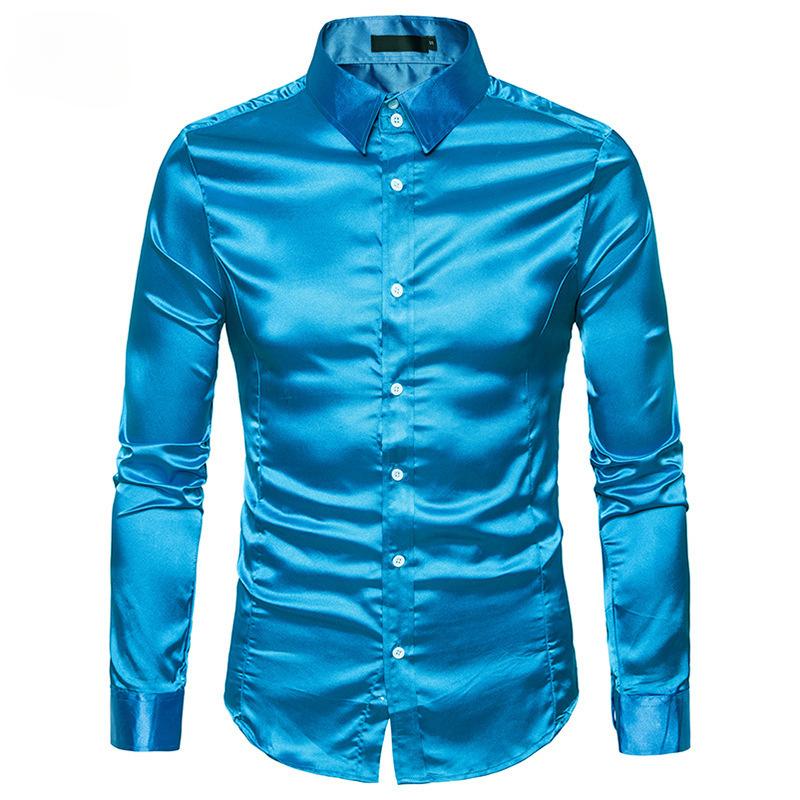 Cămașă casual pentru bărbați, culoare uni, rever multicolor lucios, cămașă cu mâneci lungi mărime europeană