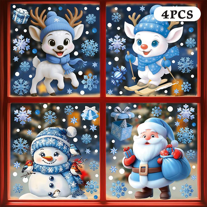 Blaue Weihnachtsfensteraufkleber - Statisches Aufkleberset mit Glocken, Rentieren, Weihnachtsmann, Schneeflocken & Schneemann für Weihnachtsfeierdekoration