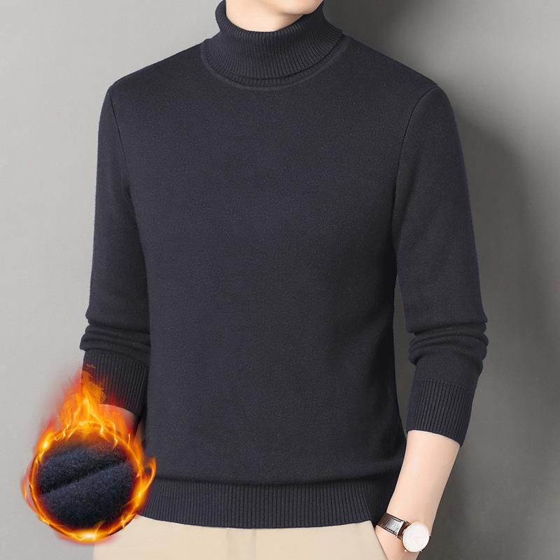 Men's Winter Warm Velvet High Neck Sweater - Solid Color Knit Pullover