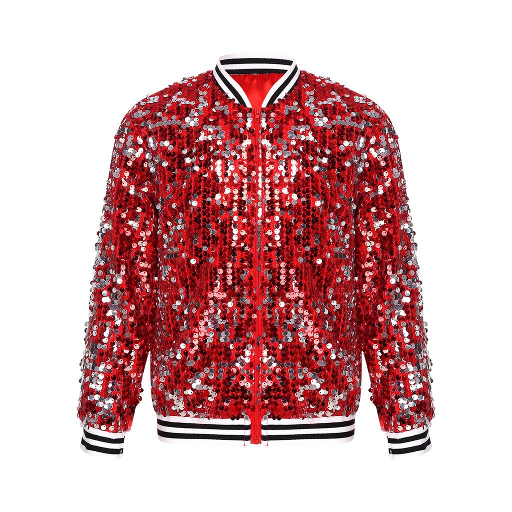 Mädchen Glitzernde Pailletten Baseballjacke Langarm Reißverschluss vorne Gestreifter Besatz Oberbekleidung Tanzparty Bomberstil Mantel