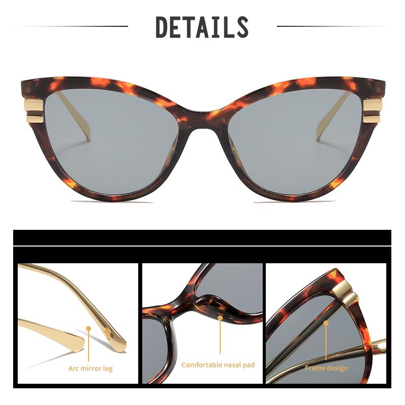 Fashion Cat Eye Sunglasses with Black Top Frame, Red Patterned Lower Frame, Gold Metal Arms, and Gradient Brown Lenses For