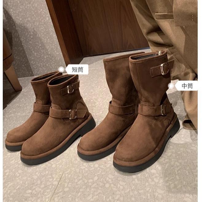 New retro locomotive buckle with round head thick sole heightening medium tube short boots for women in autumn and winter