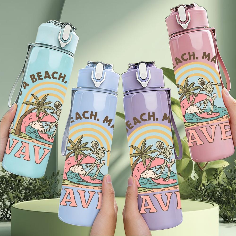 1PC Beach Waves Tropical Print 750ml Color Plastic Sports Water Bottle Leakproof Flip Straw Lid Suitable for Sports Office Home Use