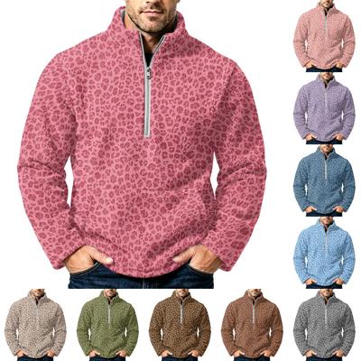 Felpa con zip e stampa leopardata da uomo in flanella, taglie forti, colletto alto, top casual alla moda per autunno inverno