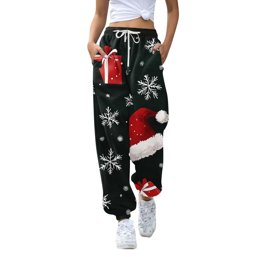Women's High Waisted Sweatpants Christmas Print With Pockets Drawstring Trousers