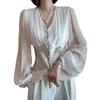 Elegant V-Neck Lantern Sleeve Silk Top - Women's Palace Style Spring Shirt