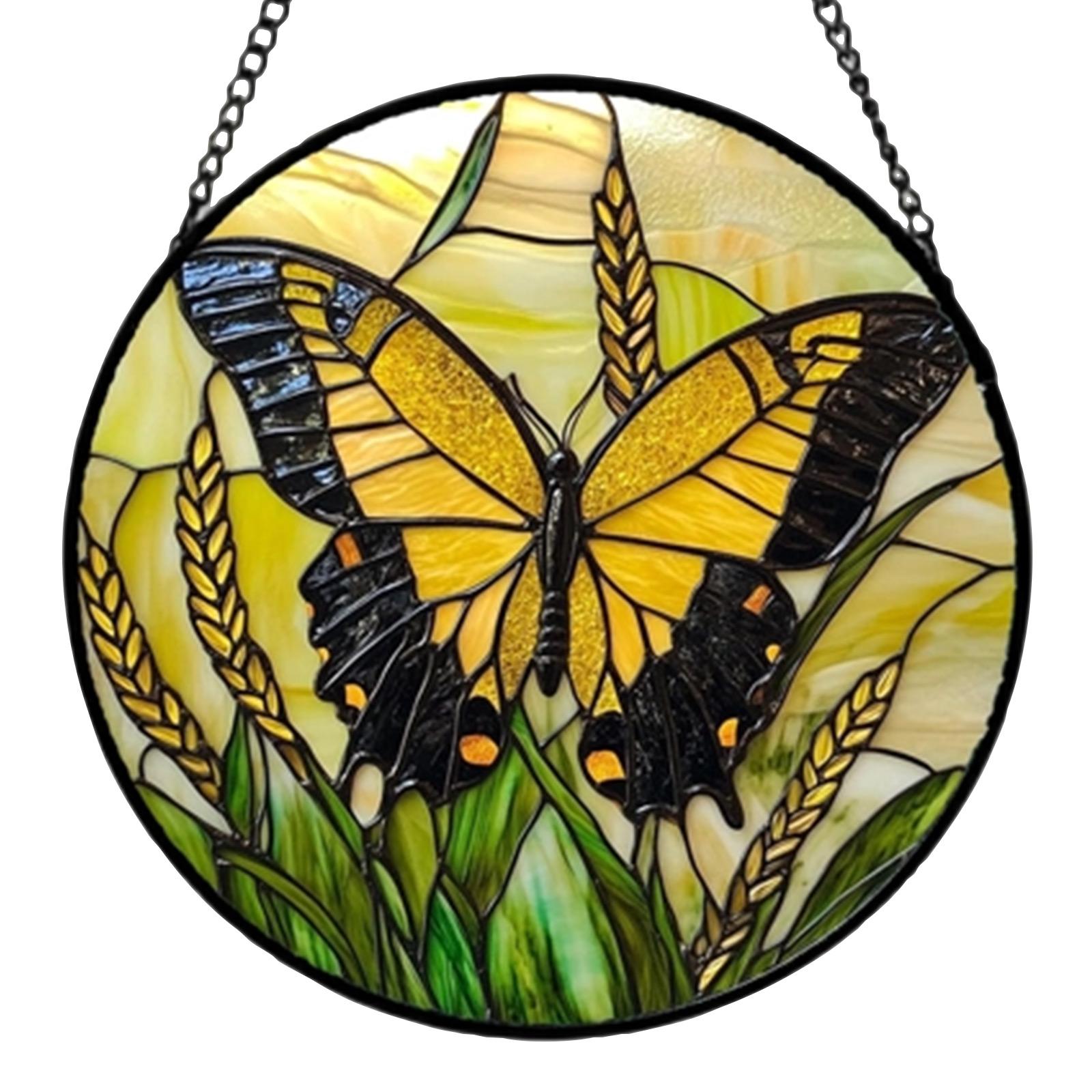 

Stained Glass Window Hanging Butterfly Design Suncatcher Decorative Panel for Garden Kitchen Sunroom Home Ornament with Chain