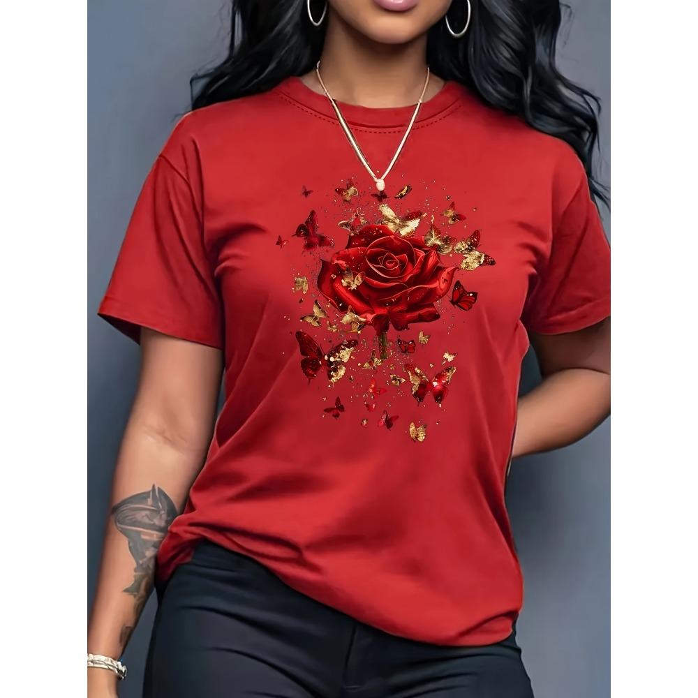 Women'S Floral Rose Butterfly Print T-Shirt Casual Crew Neck Short Sleeve Knit Polyester Regular Length Seasons