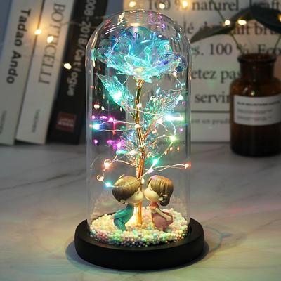 LED Enchanted Galaxy Rose Eterna Flor de folha de ouro 24K com luzes de corda de fadas em cúpula para presente de Natal e Dia dos Namorados