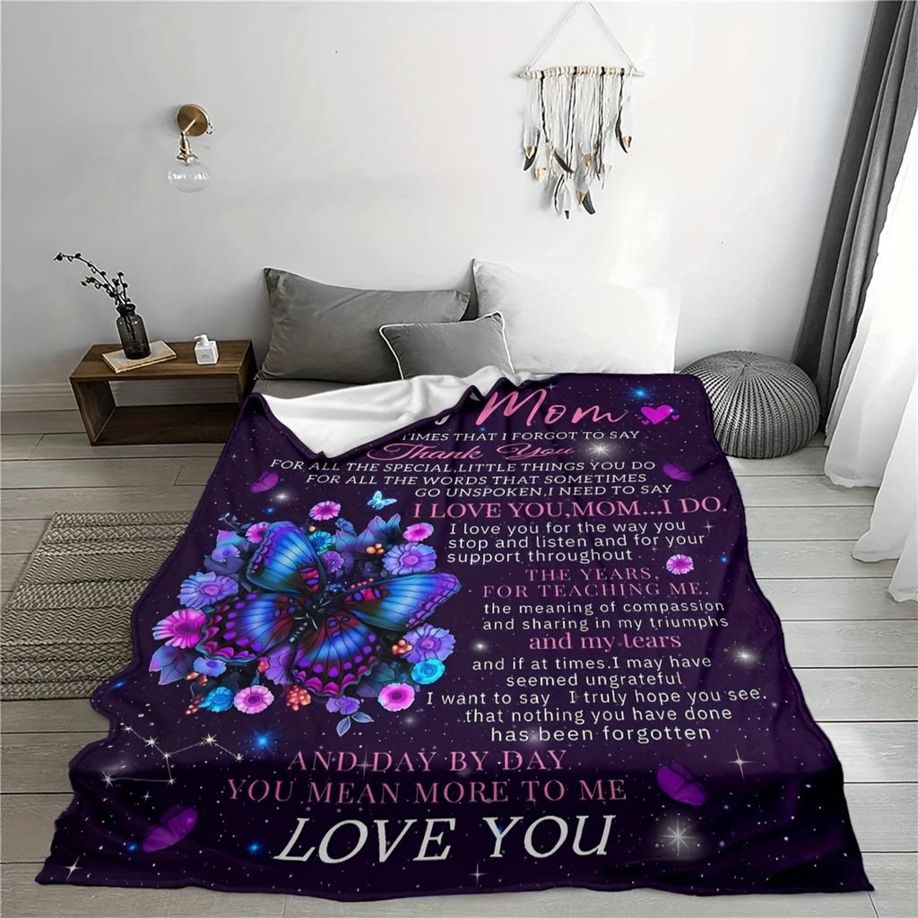 To My Mom Flannel Blanket Purple Butterfly Text Printed for Kids Bedroom Decoration Warm Soft Comfertable Blanket for Sofa Chair