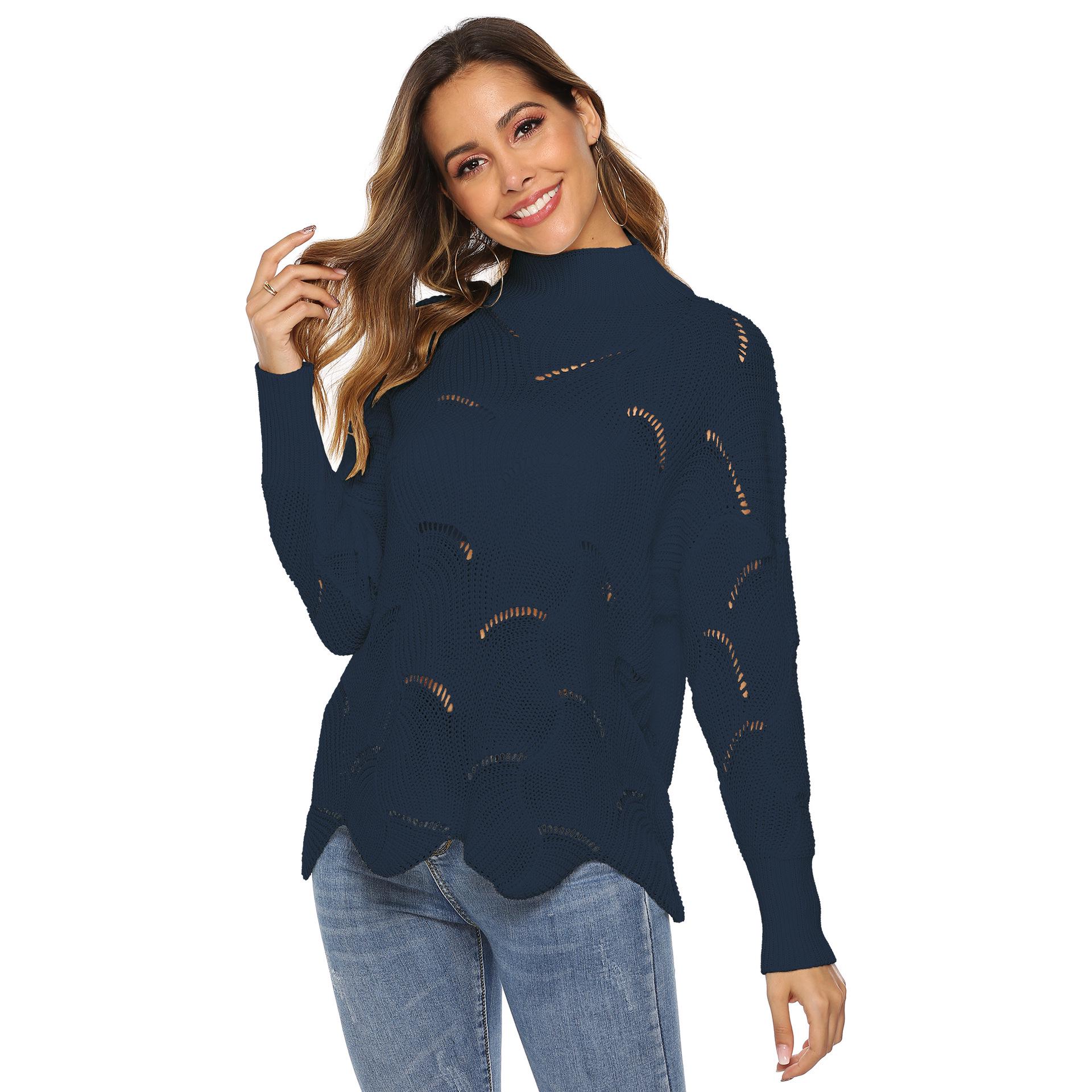 

Женский осенне-зимний свитер с открытыми плечами и высоким воротом XXL темно-синий