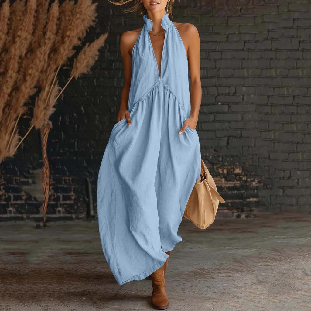 Women V Neck Sleeveless Maxi Dress Loose Fit Backless Casual Sundress with Pockets for Daily Wear Beach Vacation