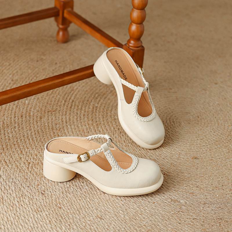 Krazing Pot Cow Skin Round Toe Size 42 Thick Round Med Heels Slip on Platform Mules Gladiator Autumn Pumps
