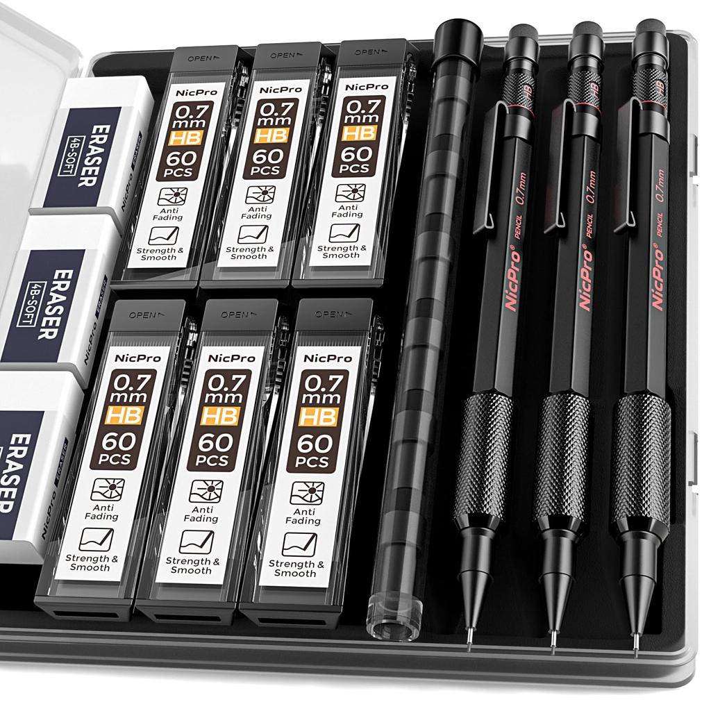 Nicpro 0.7mm Mechanical Pencil Set with Case, MP2000, 3 Metal Artist Mechanical Pencils, 6 Tube HB Lead Refills, Eraser, and Weather-Resistant Barrel