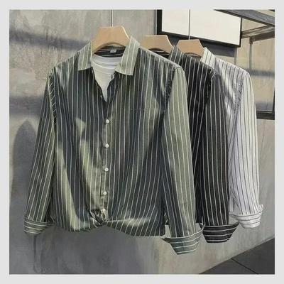 Men's Striped Embroidered Long Sleeve Lapel Shirt - Casual, Iron-Free, Slim Fit, Autumn.
