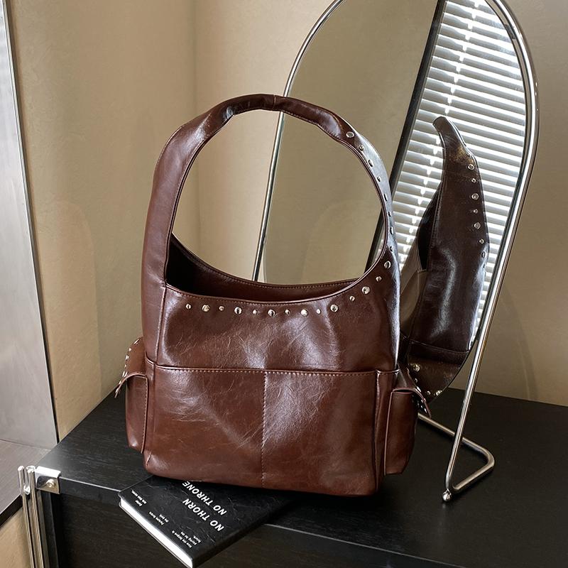 PU Hobo Bag Women's Fashion Shoulder Tote with Stud Detail Multiple Pockets Casual Everyday Handbag