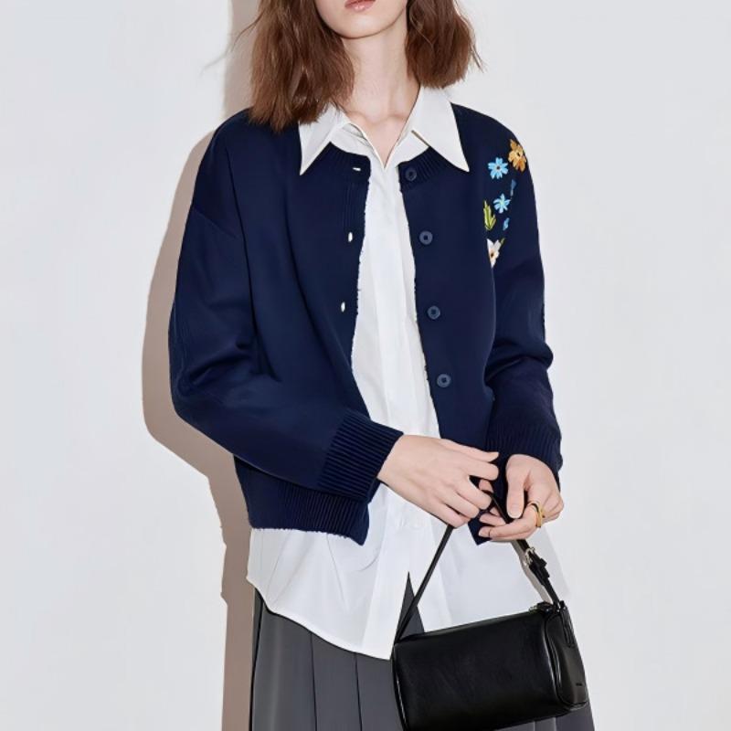 Embroidered knitted cardigan women's autumn and winter new loose crew neck flower sweater jacket women