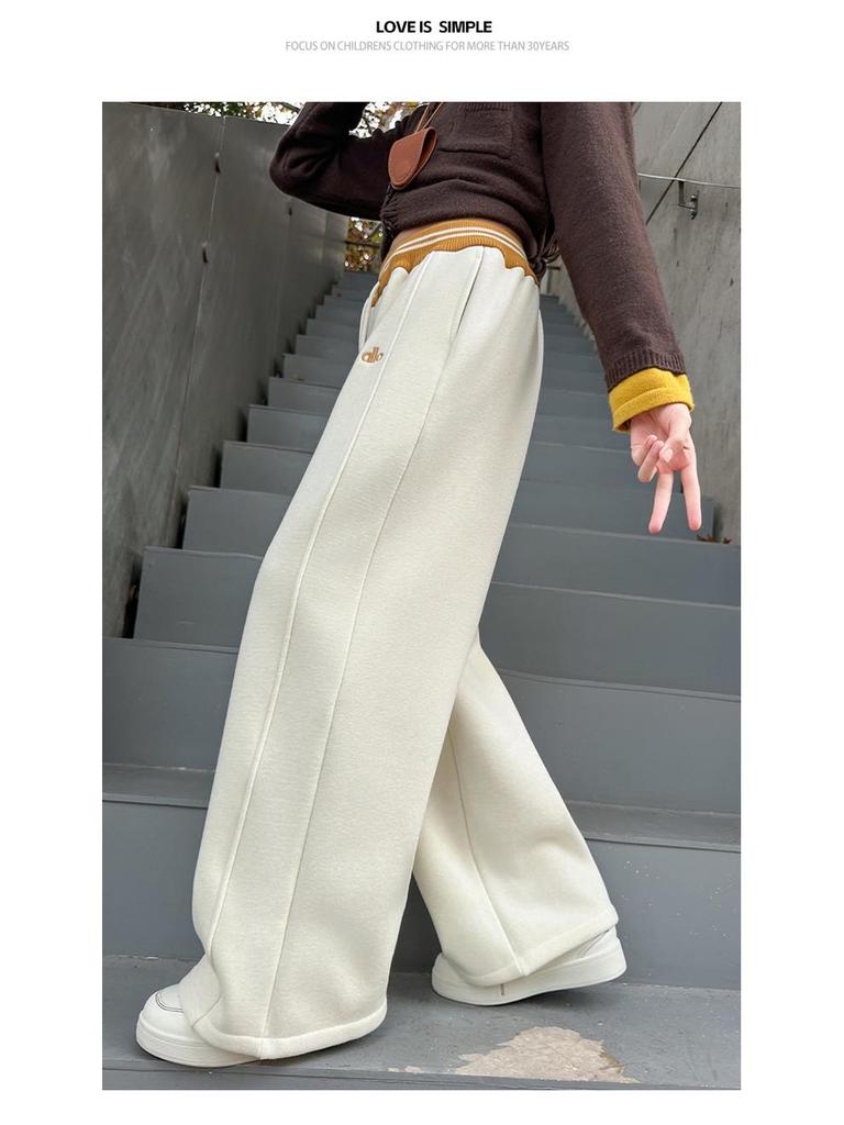 Girls' 2025 Wide-Leg Sweatpants with Velvet - Winter/Spring Sports Style
