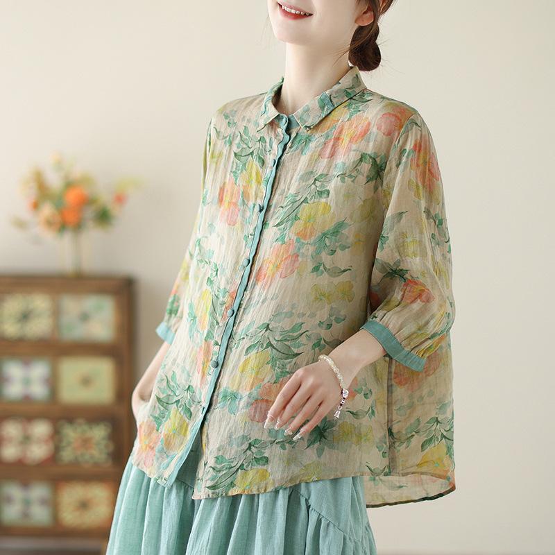 Summer Loose Print Collar Seven Quarter Sleeved Shirt for Women's Shirts Tops