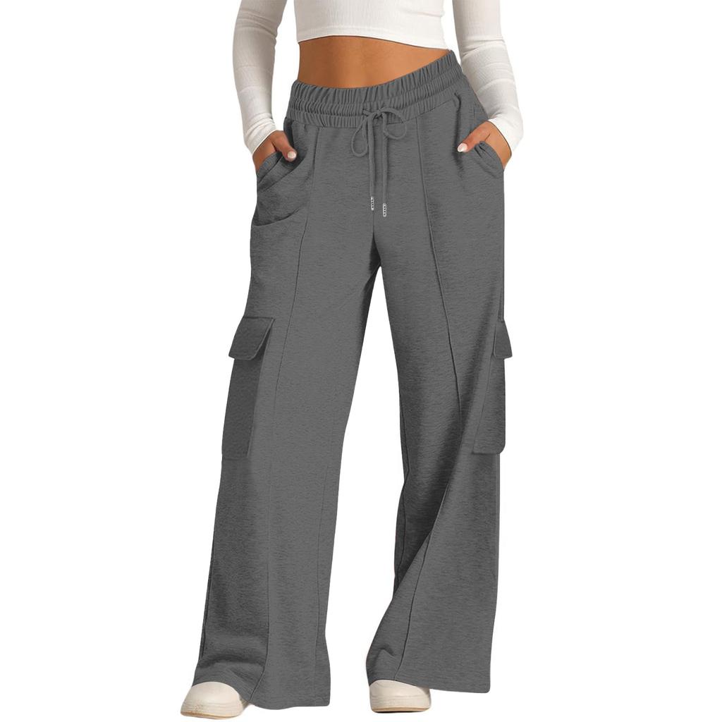 Women's Casual Fashion Color Elastic Waist Drawstring Workwear Wide Leg Pants With Pockets