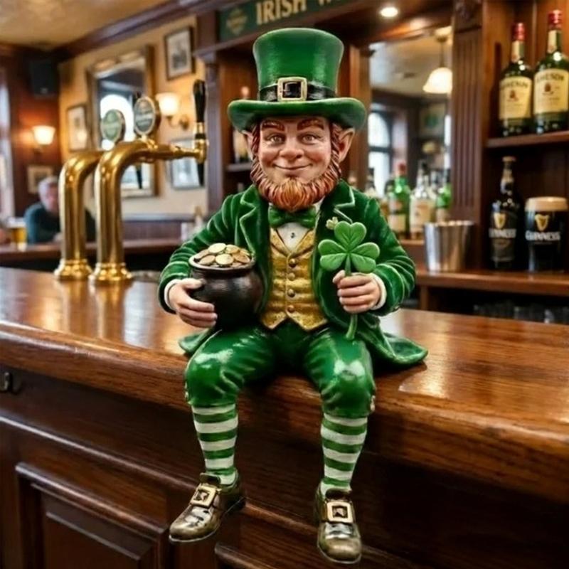 Patricks Day Leprechaun Collectible Resin Sitting Figurine with Shamrock For Shelf Or Desk Display Car Dashboards Decors