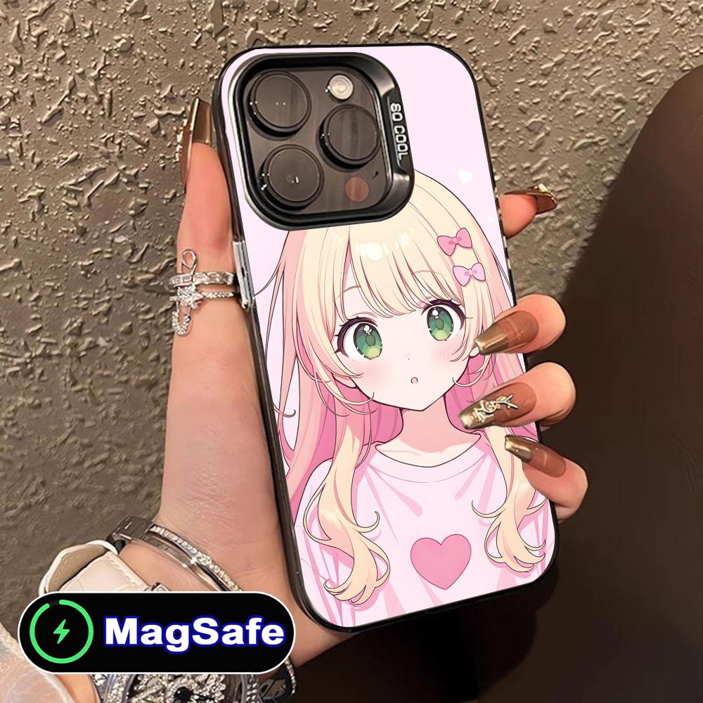 Kawaii Pink Anime Girl Phone Case for iPhone 16 15 14 13 12 11 Pro Max Plus MagSafe Translucent Colour Protective Cover Luxury
